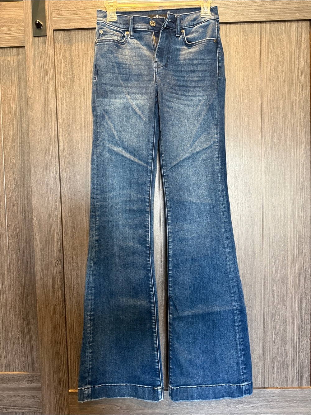 7 For All Mankind Dark Blue Flare Jeans with Contrast Pocket Stitching - Picture 3 of 4